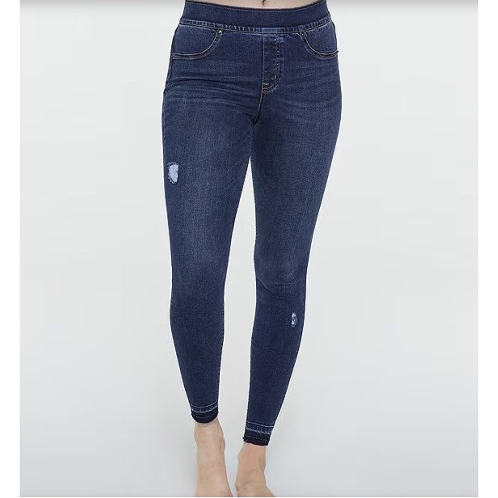 Spanx High Rise Skinny Jeggings M Blue Sculpt Pull On Distressed Casual Everyday